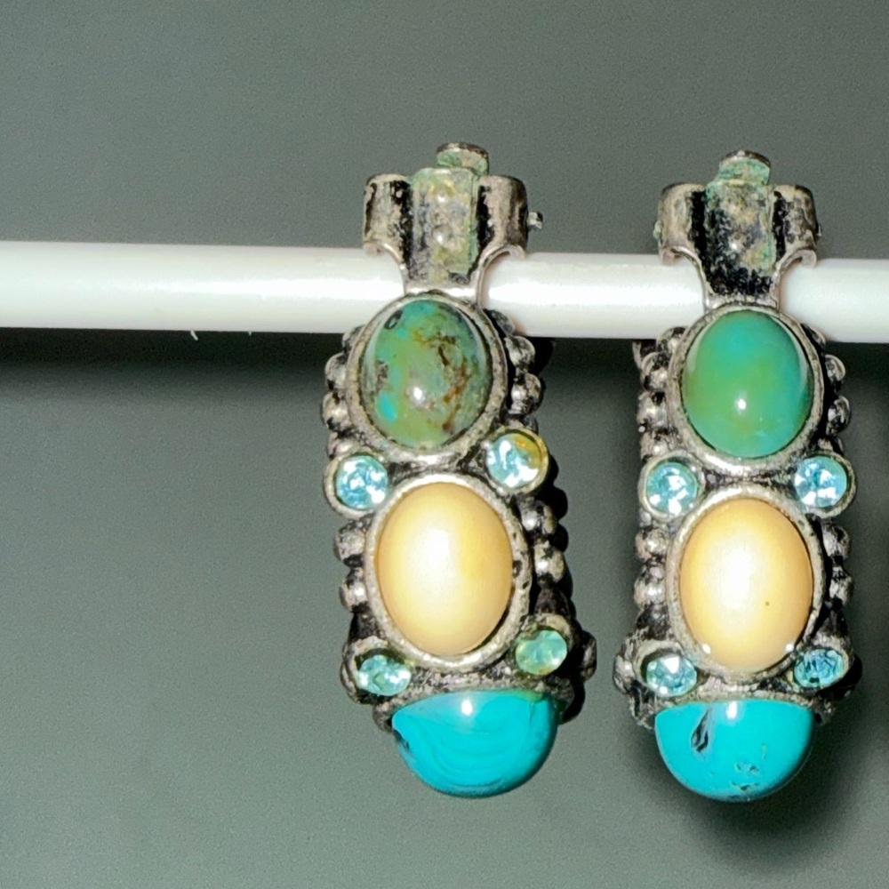 Vintage Gemstone Hoop Earrings Clip-on
